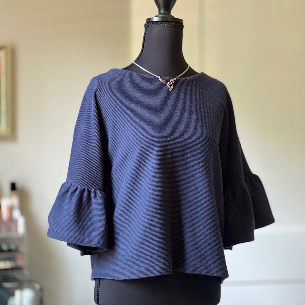 Blue Boxy Blouse with 3/4 Bell Sleeves